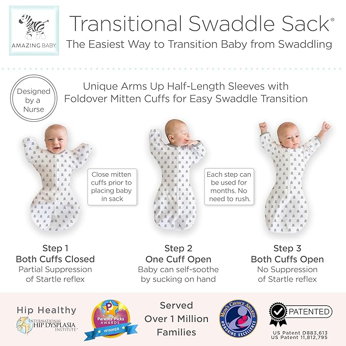Amazing Baby Transitional Swaddle Sack, Arms Up Half-Length Sleeves & Mitten Cuffs, Swaddle for Newborn Transition to Baby Sleep Sack Wearable Blanket, Small, 0-3 month, 6-14 lb, Sterling Tiny Bear
