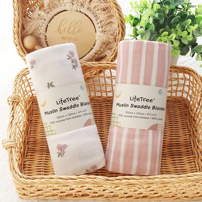 LifeTree Baby Swaddle Blankets, Boys Girls Muslin Swaddling Wrap Receiving Blanket for Newborn, 70% Viscose from Bamboo and 30% Cotton, Large 47" x 47", Pink Floral and Stripe