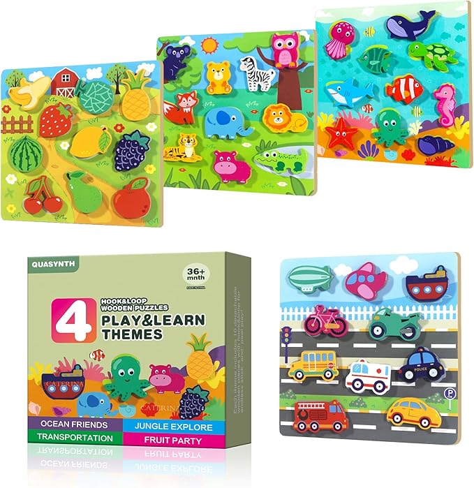 Montessori Puzzles for Toddlers | 4-in-1 Hook & Loop Wooden Puzzles | Early Learning Toys for Jungle Ocean Transportation Fruit Themes