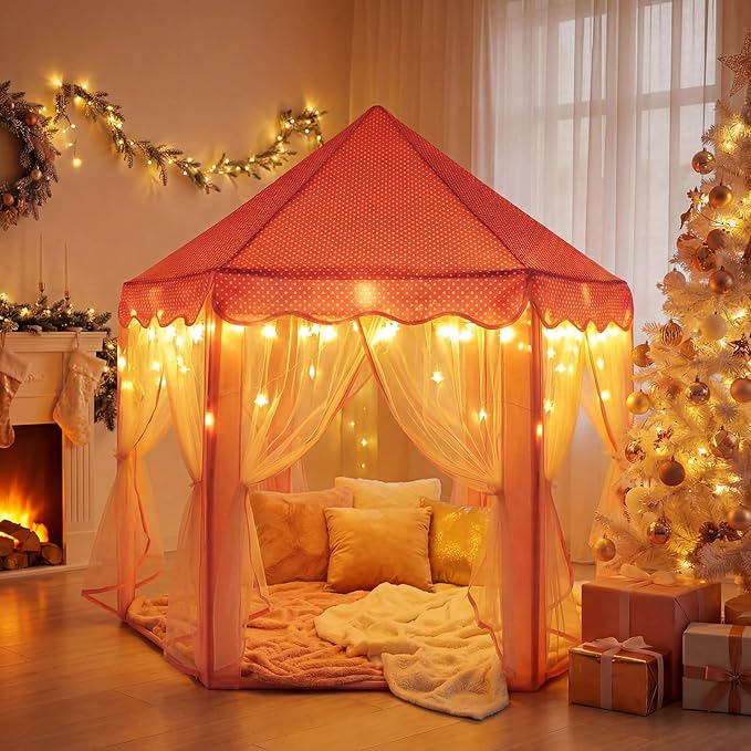Sumbababy Princess Castle Tent for Girls Fairy Play Tents for Kids Hexagon Playhouse with Fairy Star Lights Toys for Children or Toddlers Indoor or Outdoor Games (Pink)