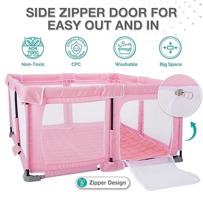Foldable Baby Playpen,PlayPens for Babies and Toddlers，Indoor Outdoor Safety Play Area, Portable Child Activity Large Collapsible Play Yard，Folding Fence (Cationic Fabric-Pink, 59"x71")