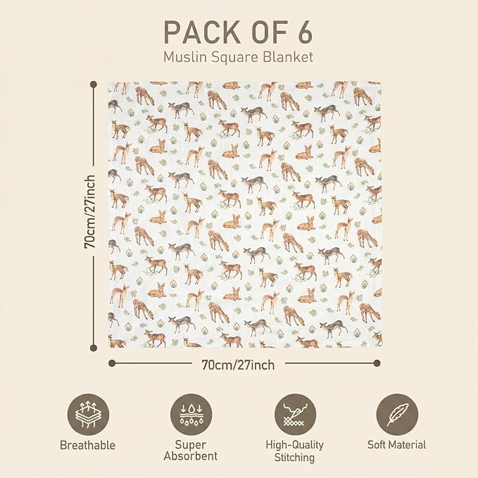 GLLQUEN BABY Muslin Swaddle Blankets 6 Pack, Soft Cotton Baby Swaddle, Breathable Receiving Blanket for Newborn Boys Girls, Multipurpose Nursing Cover & Stroller Sun Shade, Deer Pattern