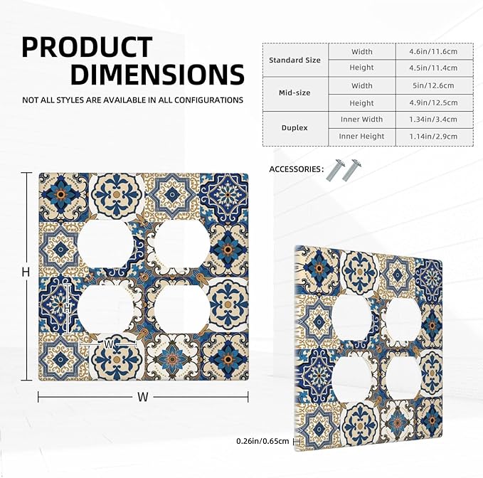 Boho Talavera Decorative Tile Moroccan Mandala Print Outlet Covers 2 Gang Double Duplex Decorative Light Switch Covers Electrical Wallplates Socket Faceplate for Bathroom Kitchen Decor