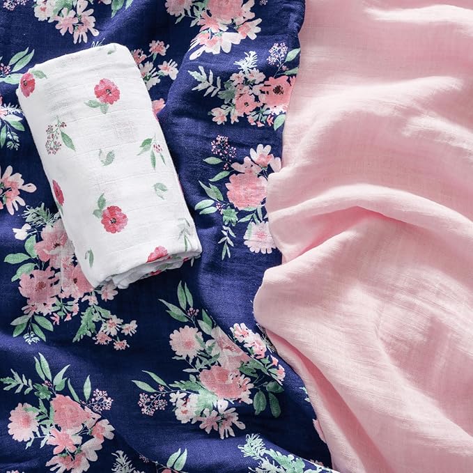david's kids 4 Pack Baby Muslin Swaddle Blankets,100% Cotton and Ultra Soft Breathable Receiving Blanket Wrap for Girls, New Born Essentials, Large 47 x 47 inches, Floral Flowers/Pink