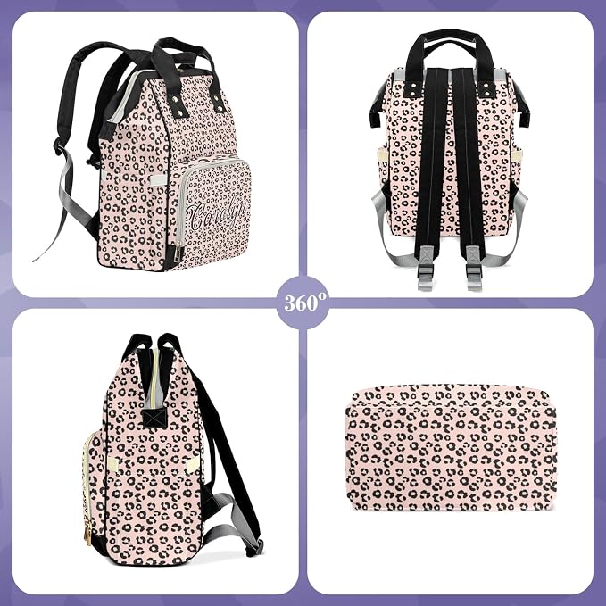 Custom Diaper Bag with Name Personalized Multifunctional Mommy Backpack for Shoulders Outdoor Backpack for Newborn Baby Thermal Pockets Nursing Bags （Leopard print）