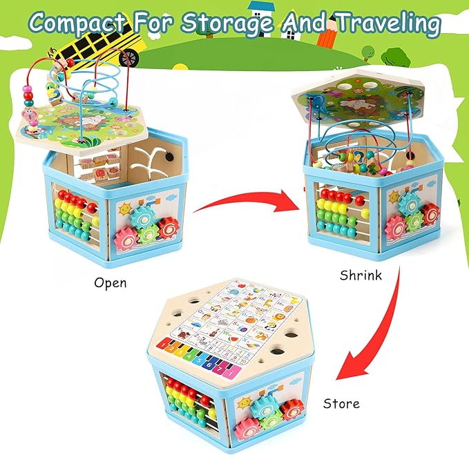 Wooden Activity Cube for 1 Year Old Kids, Educational Learning Bead Maze for Toddler Age 1-3, Developmental Montessori Toys for 12-36 Months Boys Girls Gift