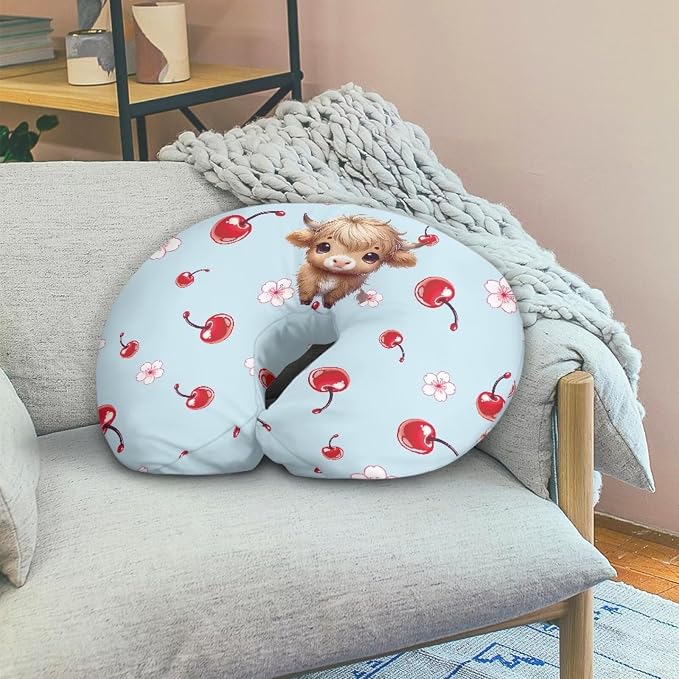 Forchrinse Highland Cattle Cherry Nursing Pillow Cover,Breastfeeding Pillow Slipcover for Baby Boys & Girls Cute Nursing Pillow Case for Newborn