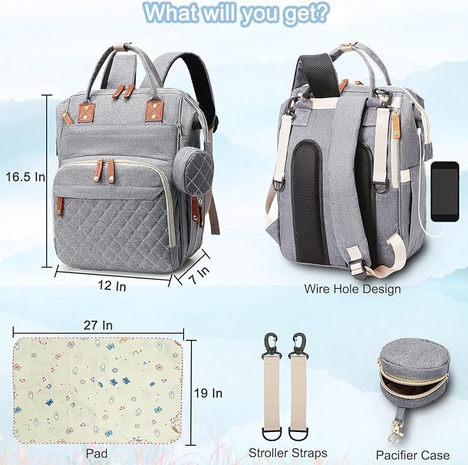 Black Diaper Bag Backpack, Multifunctional Waterproof Mommy Bag with Changing Pad, USB Port, Stroller Straps, Large Capacity Baby Travel Bag (grey)