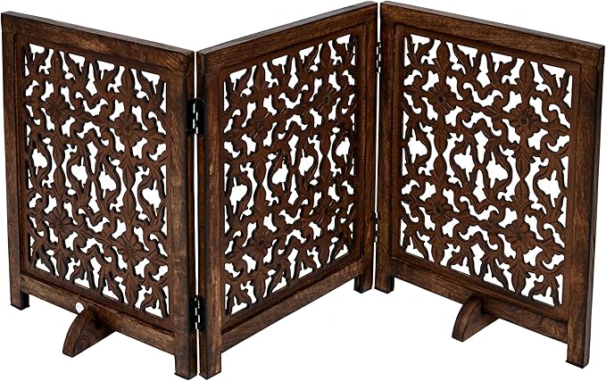 Freestanding Pet Gate for Dogs, Foldable Wooden Dog Gate for House, Indoor Dog Gate for Stair, Doorway, Flower Design Gates for Dogs Indoor, 54 Inch Wide, (18" x3 Panels =54 inch), Burnt Finish