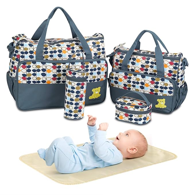 Moclever 5PCS Diaper Bag Tote Set for Baby Essentials ??Large Baby Bags for Mom, Waterproof Maternity Bags with Bottle Bag, Food Bag & Changing Pad (Gray)