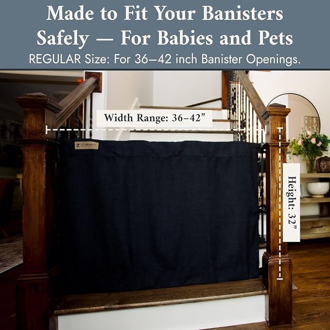 The Stair Barrier First Fabric Banister to Banister Baby Gates for Stairs 36”–42” Wide x 32” Tall– No Drill Baby Gate for Top or Bottom Staircase, Machine-Washable Climb Proof, Designed in USA, Black