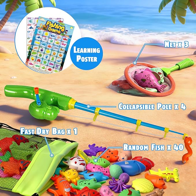 CozyBomB??Magnetic Fishing Toys Game Set for Kids | Water Table Bathtub Kiddie Pool Party Pole Rod Net, Outdoor Plastic Floating Fish, Toddler Bath Color Ocean Sea Animals Birthday Gift Age 3-5 6 4-8