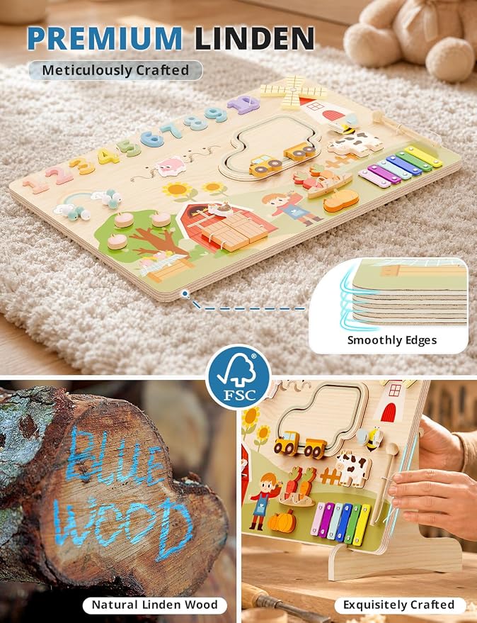 BlueWood Wooden Busy Board for Toddlers 18+ Months, 12-in-1 Montessori Philosophy Educational Toy, Activity Center Made from Basswood, No Drilling, Easy to Install & Store - Farm