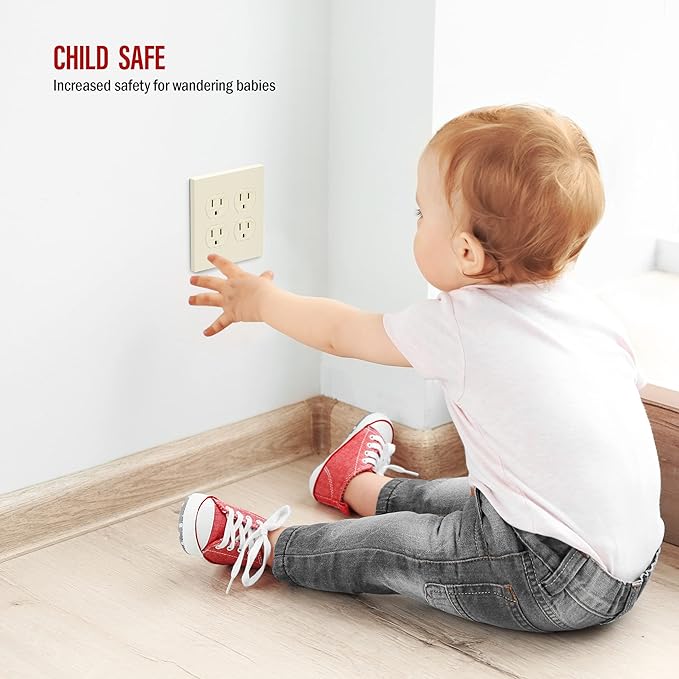 ENERLITES Screwless Duplex Wall Plate, Child Safe Double Receptacle Outlet Cover, Size 2-Gang 4.68" x 4.73", Unbreakable Polycarbonate Thermoplastic, UL Listed, SI8822-LA, Glossy, Light Almond