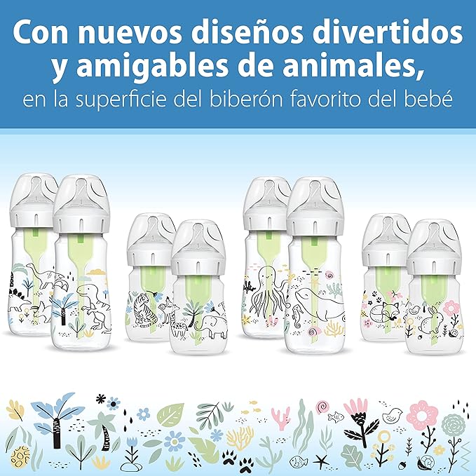 Dr. Brown's Anti-Colic Options + Wide-Neck Baby Bottle Designer Edition Dino Decos, 9oz/270mL, Level 1 Slow Flow Nipple, BPA-Free, 0m+, 2-Pack