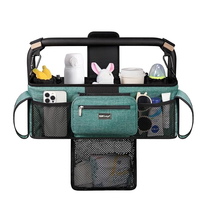 TOPDesign Universal Baby Stroller Organizer, Double Stroller Caddy with Detachable Mesh Bag & Heightened Insulated Cup Holders & Non-Slip Secure Hooks Accessories, Fits Most Strollers (Green)