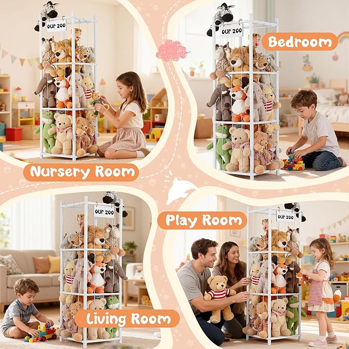 LAMU Stuffed Animal Storage, Wooden Zoo Stuffed Animal Holder with Elastic Cords, Space Save Toy Organizer, Extra Large Capacit Stuffed Animal Organizer for Playroom, Bedroom, Nursery, White