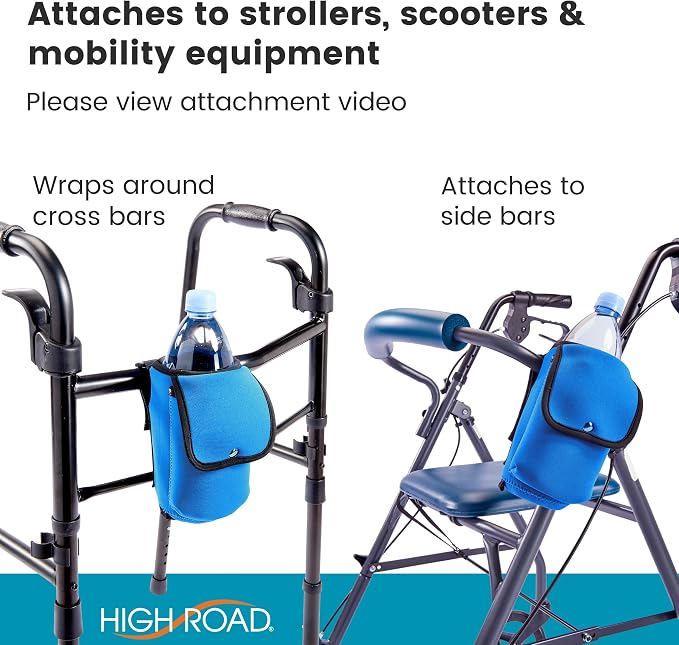 High Road Insulating Neoprene Bottle Holder and Phone Pocket - Unbreakable Cup Holder for Strollers, Scooters, Walkers and Wheelchairs (Blue)