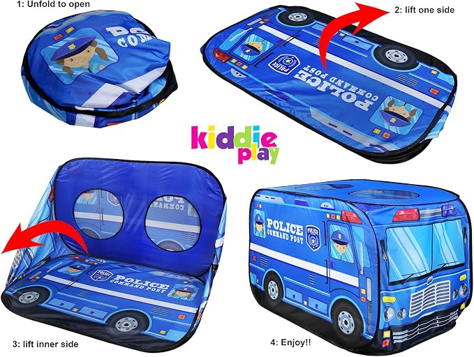 Kiddie Play Pop Up Play Tent for Kids Police Car Playhouse for Boys & Girls Indoor Outdoor Toy