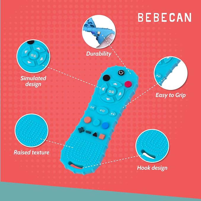 BEBECAN Silicone Remote Teething Toy for Baby – Safe Rubber Remote Chew Toy for Baby 3-24 Months, TV Remote Baby Toy Teether Remote Control Shape (Pink)