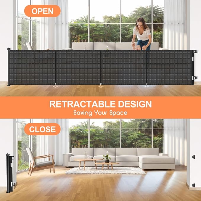 Upgrade 180 inch Retractable Baby Gates, EZIGO Extra Wide Baby Gate for Large Opening Extra Long Mesh Gate for Kids or Pet Dog Gate Child Safety Gate for Stairs Hallways Doorway Indoor Outdoor, Black