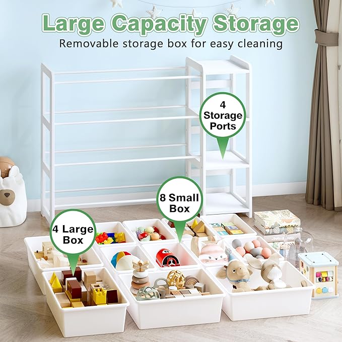 MallBest Kids Toy Storage Organizer with Bookshelf – Wooden Toy Bin Organizer with 12 Storage Bins & 3-Tier Shelf, Toy Shelf for Toddlers, Nursery, Playroom, Bedroom（White）