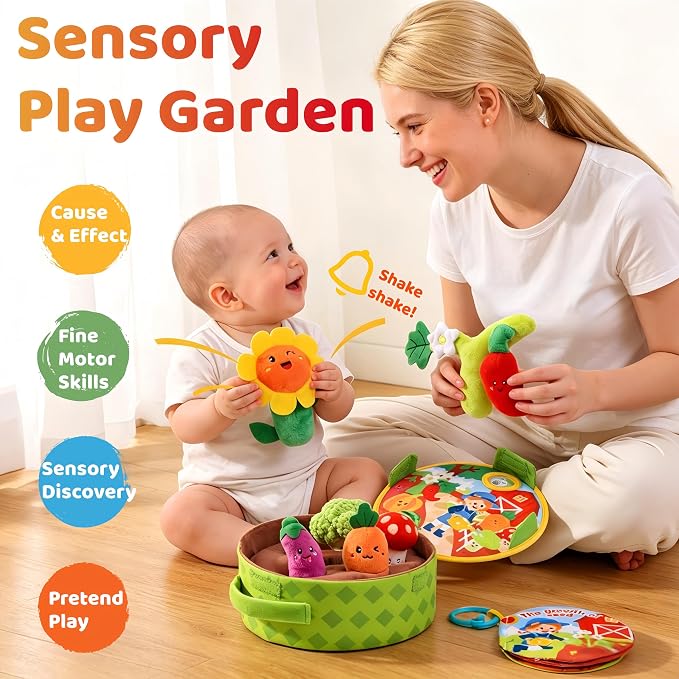 Baby Toys 6-12 Months, My First Vegetable Garden Plush Set Montessori Toys for 6 Month Old with Rattles Mirror Squeaker Crinkle Book, Baby Boy Girl Gifts Christmas Stocking Stuffers