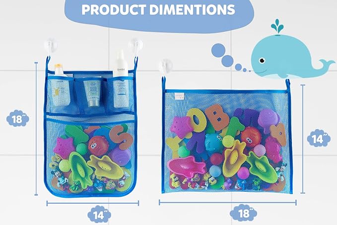 2 x Mesh Bath Toy Organizer + 6 Ultra Strong Hooks ??The Perfect Bathtub Toy Holder & Bathroom or Shower Caddy ??These Multi-use Net Bags Make Baby Bath Toy Storage Easy ??For Kids & Toddlers