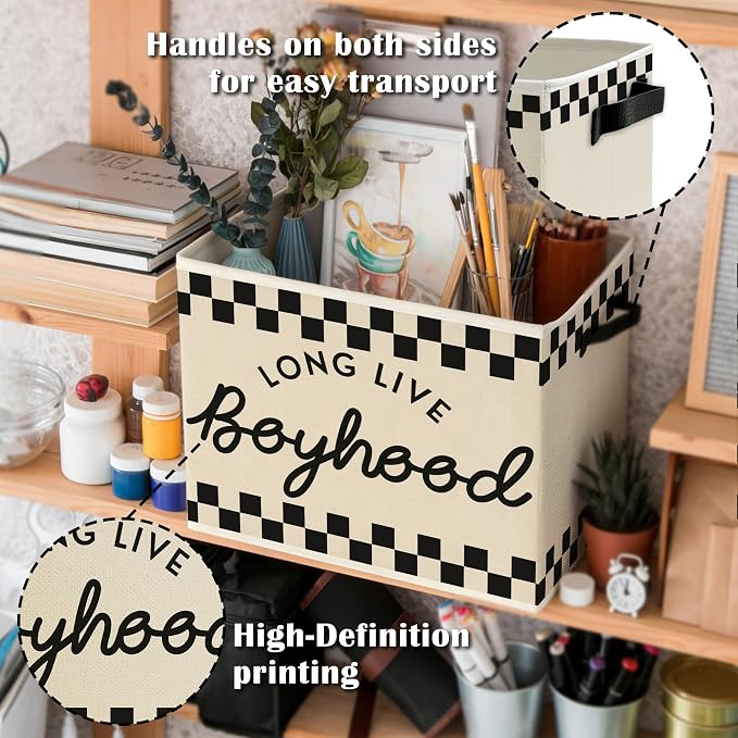 Black and White Checkered Long Live Boyhood Boys Storage Bins Box with Handles, Collapsible Basket Organizer for Kids Teen Boy Nursery Room Bedroom Bathroom Playroom Toys Books Clothes