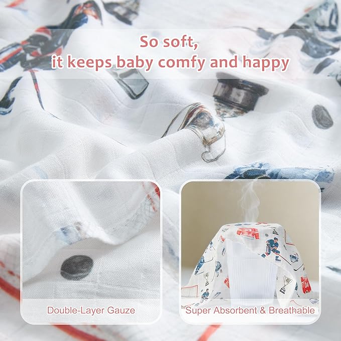 Muslin Swaddle Blankets for Newborn, Large 47"x47" Soft Breathable Bamboo Cotton Baby Blanket, Lightweight Receiving Blanket for Boys and Girls, Hockey Match