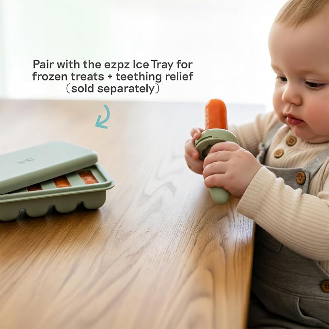 ezpz Baby Feeding Bundle – Tiny Spoon (2-Pack, Pewter) + Gumline Feeder (Sage) – 100% Silicone Baby-Led Weaning Set for 4–6+ Months – Infant Feeding Essentials