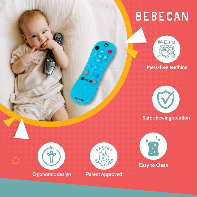 BEBECAN Silicone Remote Teething Toy for Baby – Safe Rubber Remote Chew Toy for Baby 3-24 Months, TV Remote Baby Toy Teether Remote Control Shape (Pink)