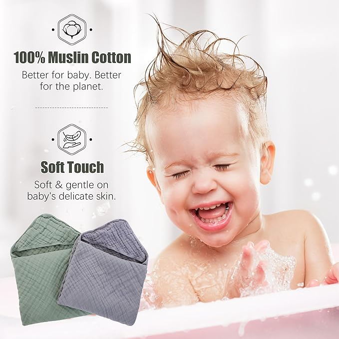 Spotted Play 2 Pack Hooded Baby Towels - 100% Muslin Cotton for Newborns, Infants, Toddlers - Large 32x32Inch Size - Highly Absorbent and Essential for Newborn Care, Green and Grey