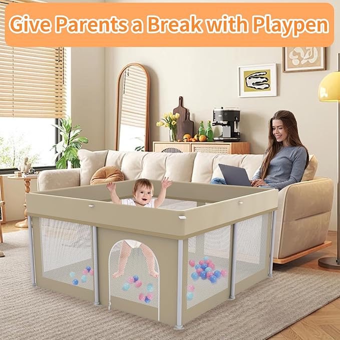Foldable Playpen 50x50, Foldable Ultra-Portable Baby Playpen, Instantly Deployed in Three Seconds, Safe Baby Playard with Soft Breathable Mesh, Perfect Activity Center for Baby's Play, Beige