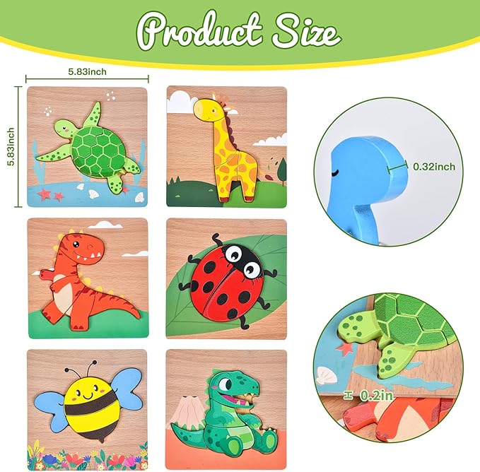6 Pack Wooden Puzzles for Toddlers 1-3, Montessori Puzzles for 2-4 Year Old, Animal Shape Toddler Puzzles Montessori Toy Baby Learning Preschool Educational Toys Gift