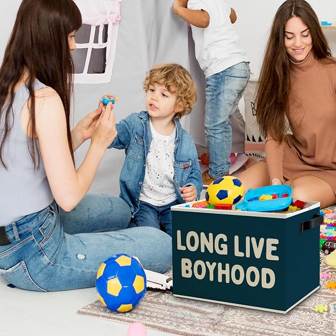 Long Live Boyhood Boys Storage Bins Box with Handles, Blue Pattern Collapsible Basket Organizer for Kids Teen Boy Nursery Room Bedroom Bathroom Playroom Toys Books Clothes