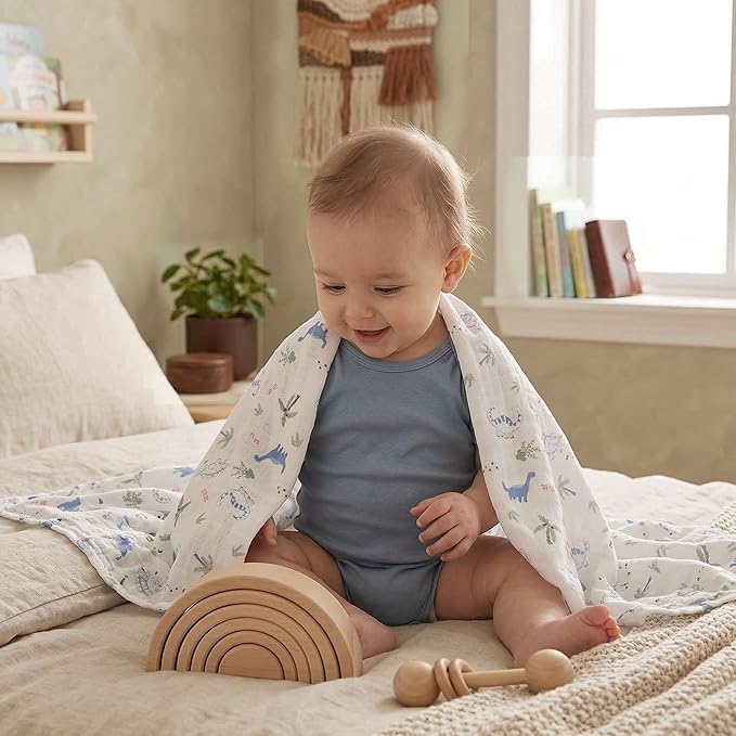 GLLQUEN BABY Receiving Blanket Boy Cotton Muslin Swaddle Blankets Girl Newborn Squares Breathable & Soft Thin Baby Blankets Cloths Double Absorbent Infant Swaddling Wrap - 6 Pack (Dinosaur)
