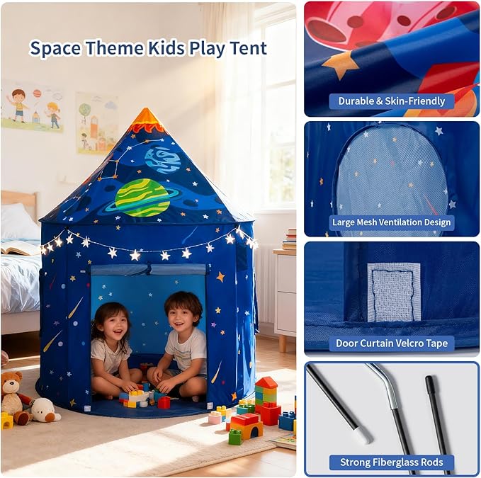 Rocket Space Ship Play Tent for Kids with Star Lights, Astronaut Themed Pop-Up Playhouse for Indoor & Outdoor, Foldable Space Adventure Gift for Boys and Girls