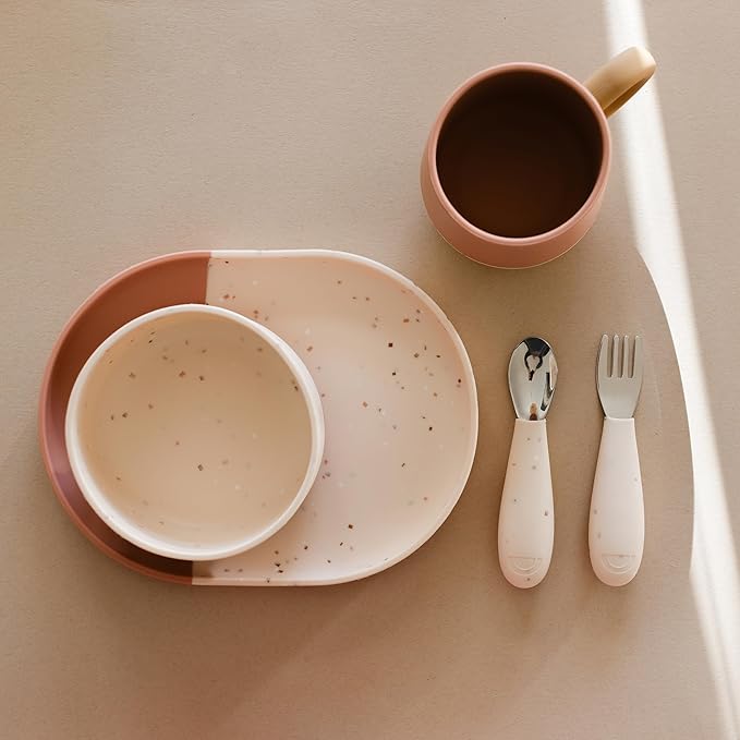 Yeah Baby Goods Silicone Plate for Highchair Trays & Full Set Tables - Duo-Toned, Modern Terrazzo Kids Plates - Dishwasher & Microwave Safe Plates - Non-Suction Baby Dishes(Terracotta/Blush Speckle)