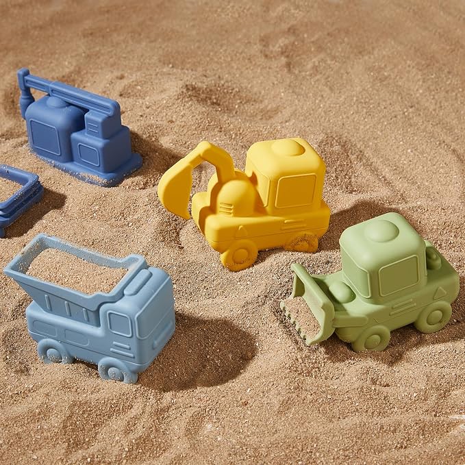 Mold Free Bath Toys for Toddlers, 4 Pack Food Grade Silicone Bath Toys, Easy Clean Truck & Construction Car Bath Toy | Squeezable & Floating Bathtub Toys | Beach Water Pool Toys for Boy Girl Gifts