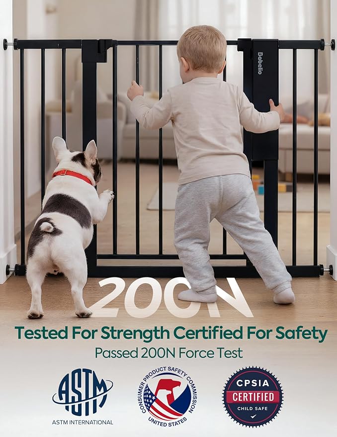 Babelio Smart Baby Gate with Auto-Unlock/Close, Pressure Mounted No Drill for Doorways/Top of Stairs. Pet/Dog Door Wide Walk Thru w/Infrared Sensor & Safety Alert (Black, 30.3-47.2" W, 30" H)