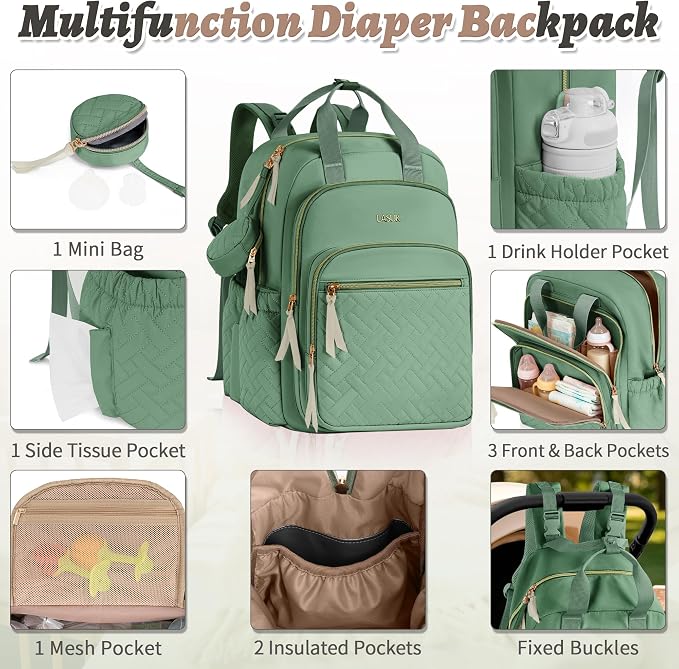 Diaper Bag Backpack, 27L Large Quilted Small Baby Bag with Changing Pad & Pacifier Case, Stroller Hooks, Easy-Access Baby Essential, Maternity Travel Backpack Unisex, Green