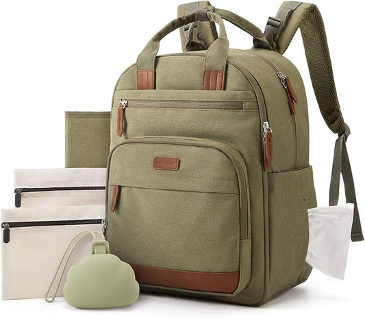 mommore Diaper Bag Backpack with Waterproof Changing Pad, Insulated Bottle Holders & Pacifier Case, Baby Diaper Bag with 2 Organizer Pouches, Stroller Straps, Green