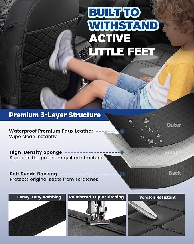 Seat Back Protectors for Kids, Car Kick Mats for Back of Front Seats with Large Pocket Organizer, Waterproof, Protects Against Dirt, Scuffs & Scratches, Fits Most Vehicles, 2PCS (Gray)
