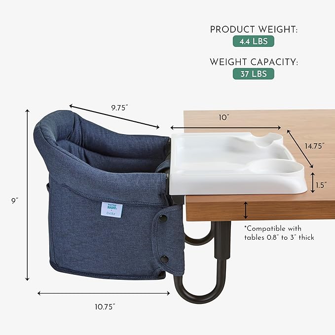 Evolur Clamp-On Comfort Table Chair, Portable Clip-On High Chair for Babies & Toddlers (6??6 Months), Removable Washable Seat Cover, Dishwasher-Safe Tray, Foldable Design with Carry Bag ??Navy