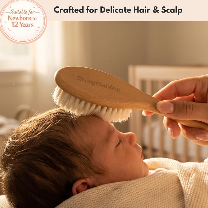Baby Hair Brush & Comb Set for Newborns - Gentle Goat-Hair & Bamboo Bristle Hairbrushes with Easy Grip Wooden Handles - 7-Pack Baby Brush Set with a Cotton Travel Pouch - Gifts for Boys & Girls