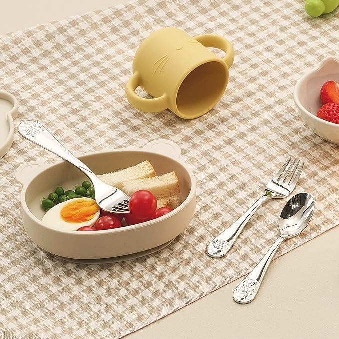 KINGSTONE Toddler Utensils Gift Set, 4-Piece Forks & Spoons, Small & Large, 18/10 Stainless Steel, Ergonomic Flatware for Toddlers & Kids, Self-Feeding, Honey Bear Print
