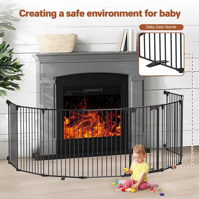 Kfvigoho Baby Gate 27.5"-199" Extra-Wide Playpen with Stands, Play Yard Child Safety Fence, Dog Gate with Auto-Close Door, Double Locking System for Fireplace, Foldable 8 Panels, Black 29" Height