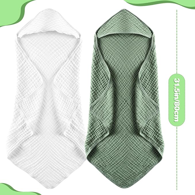 MUKIN Baby Hooded Towels, Muslin Cotton, 2-Pack, for Newborn, Infant, Toddler and Kids (White,Dark Green)