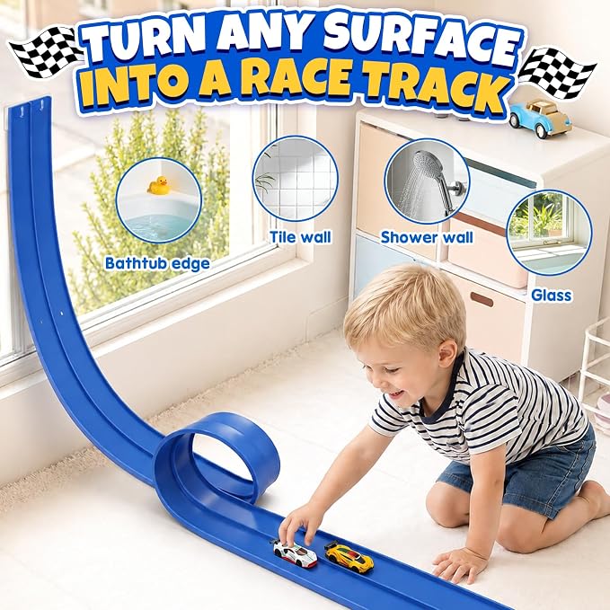 Race Car Bath Toys Set, Flexible Bathub Race Track Toys with 2 Cars for Kids, Hook Mount Fits All Bathtubs and Bag, Pool Water Toys Cars Bath Toys Gifts for Boys Girls
